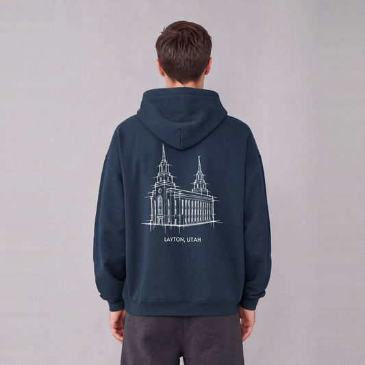 Layton Temple back print on model - Navy Blue