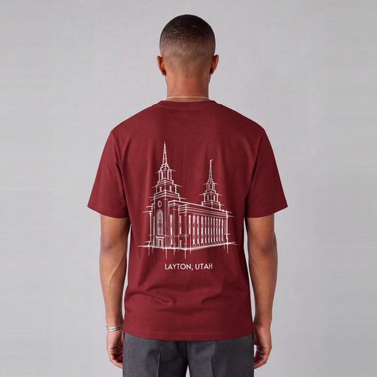 Layton Temple back print on model - Maroon