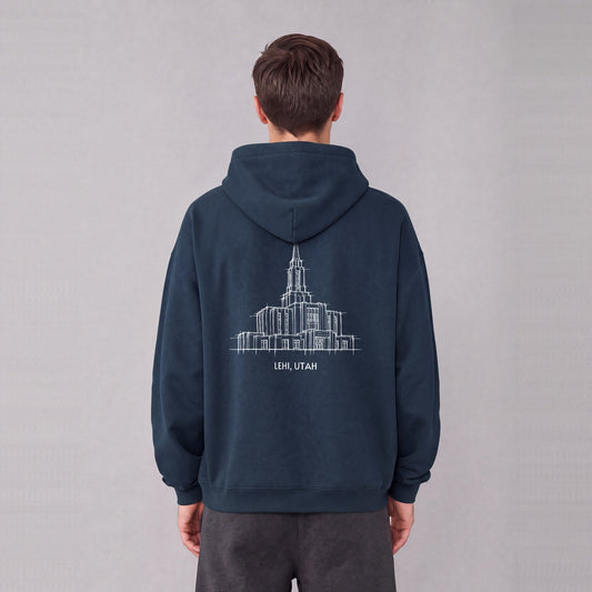 Lehi Temple back print on model - Navy Blue