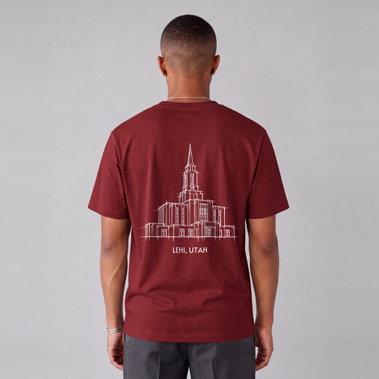 Lehi Temple back print on model - Maroon