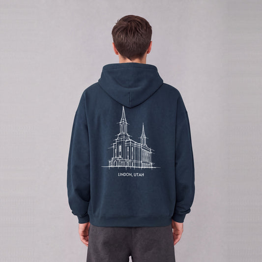 Lindon Temple back print on model - Navy Blue