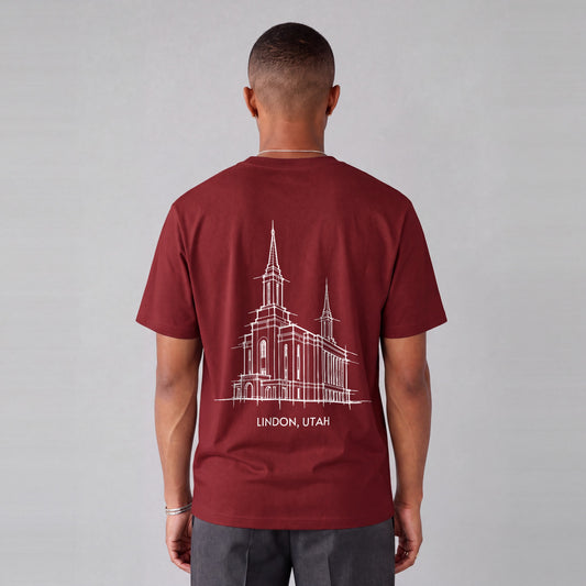 Lindon Temple back print on model - Maroon