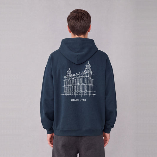 Logan Temple back print on model - Navy Blue