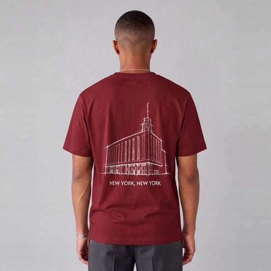 Manhattan Temple back print on model - Maroon