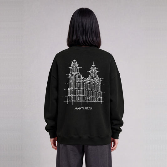 Manti Temple back print on model - Black