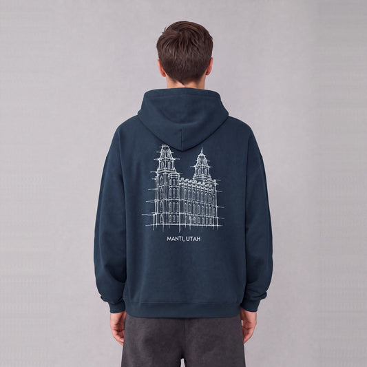Manti Temple back print on model - Navy Blue