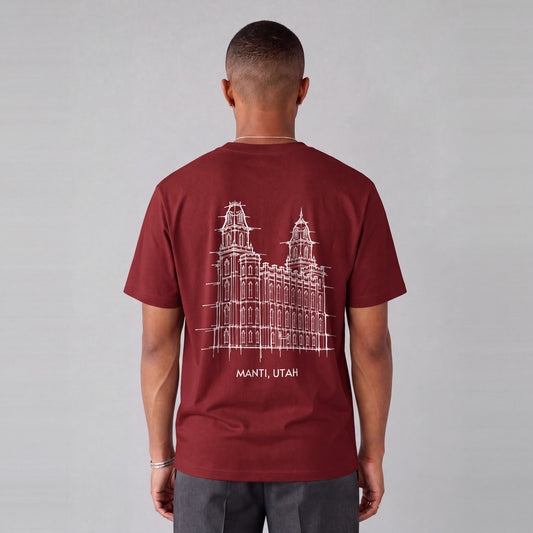 Manti Temple back print on model - Maroon