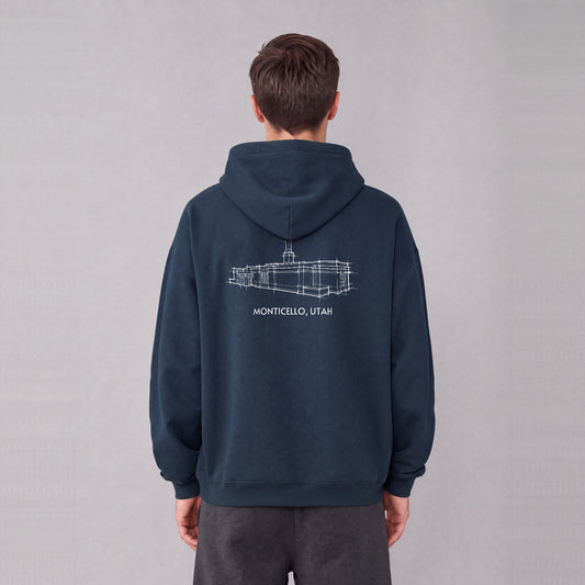 Monticello Temple back print on model - Navy Blue