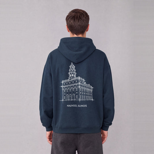 Nauvoo Temple back print on model - Navy Blue