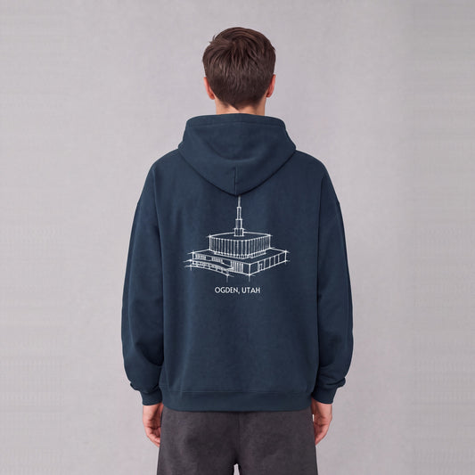 Ogden Original Temple back print on model - Navy Blue