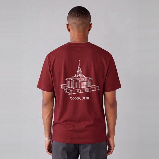 Ogden Temple back print on model - Maroon
