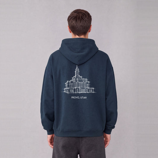 Provo Rock Canyon Temple back print on model - Navy Blue