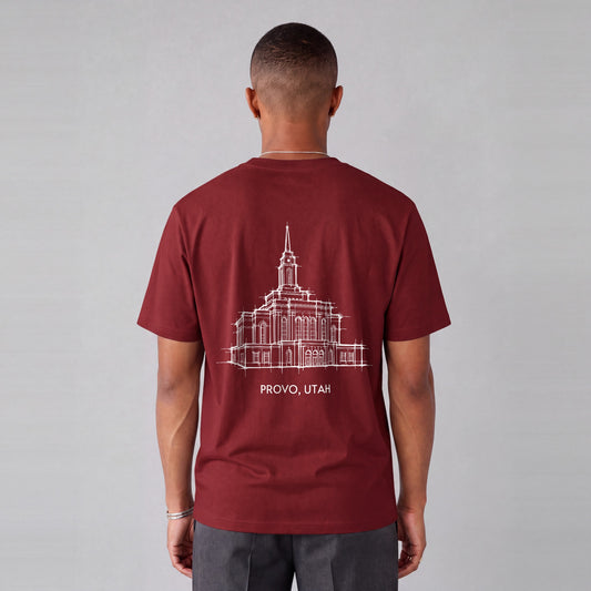 Provo Rock Canyon Temple back print on model - Maroon