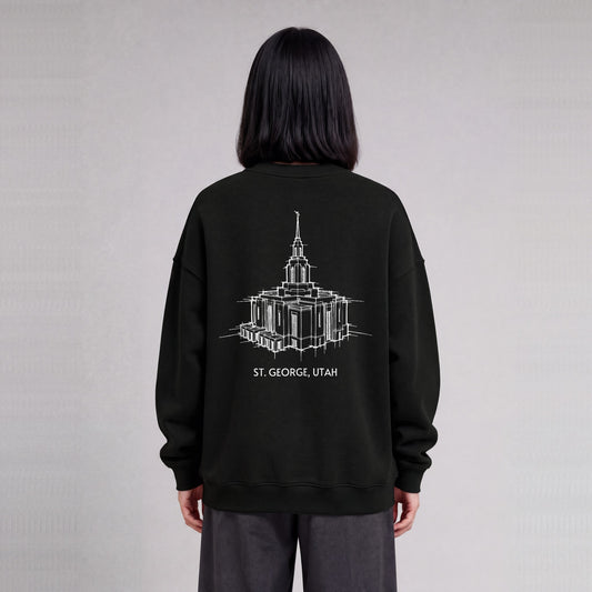 Red Cliffs Temple back print on model - Black