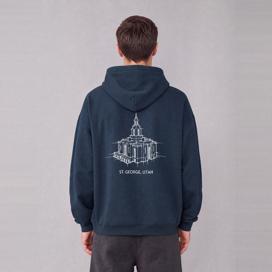 Red Cliffs Temple back print on model - Navy Blue