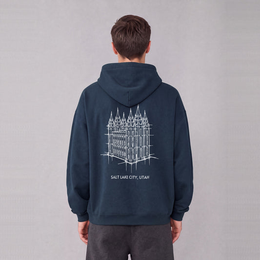 Salt Lake Temple back print on model - Navy Blue