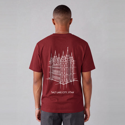 Salt Lake Temple back print on model - Maroon