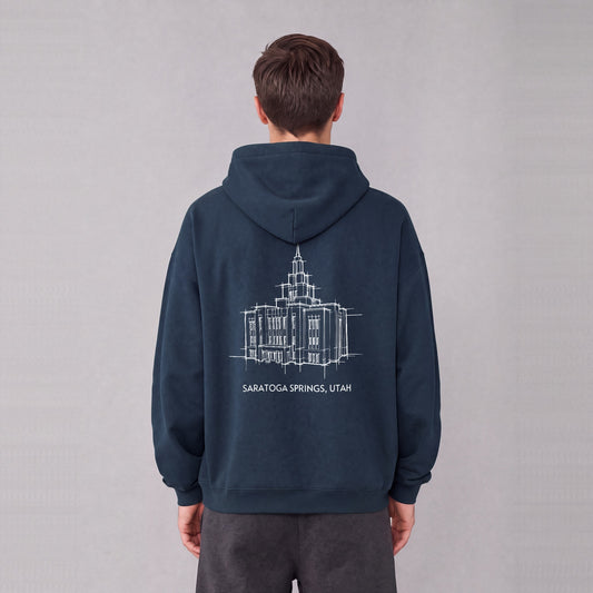 Saratoga Springs Temple back print on model - Navy Blue