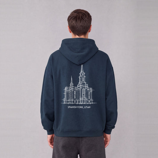 Spanish Fork Temple back print on model - Navy Blue