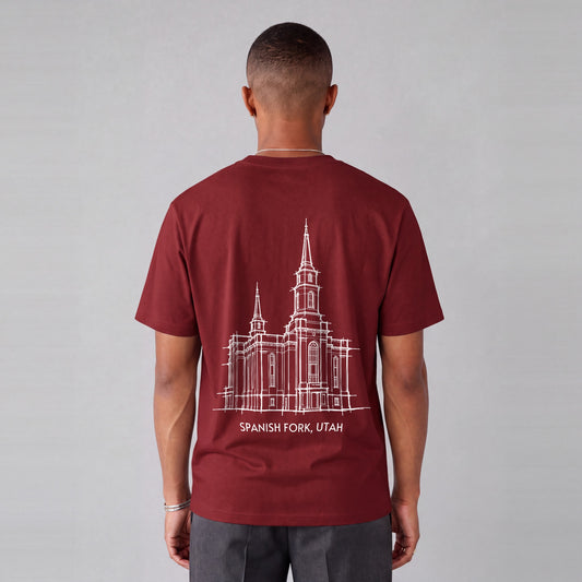 Spanish Fork Temple back print on model - Maroon