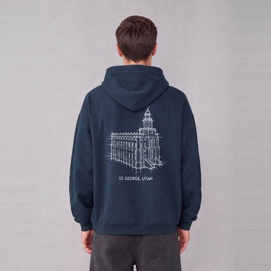 St. George Temple back print on model - Navy Blue