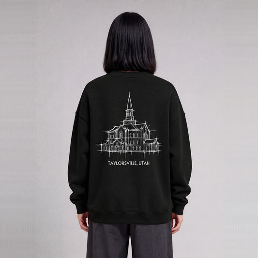 Taylorsville Temple back print on model - Black