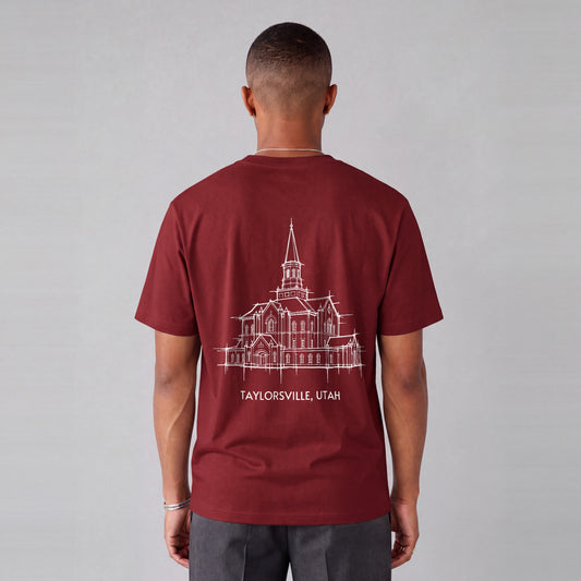 Taylorsville Temple back print on model - Maroon