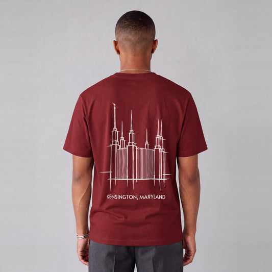 Washington D.C. Temple back print on model - Maroon