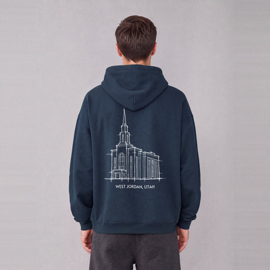 West Jordan Temple back print on model - Navy Blue