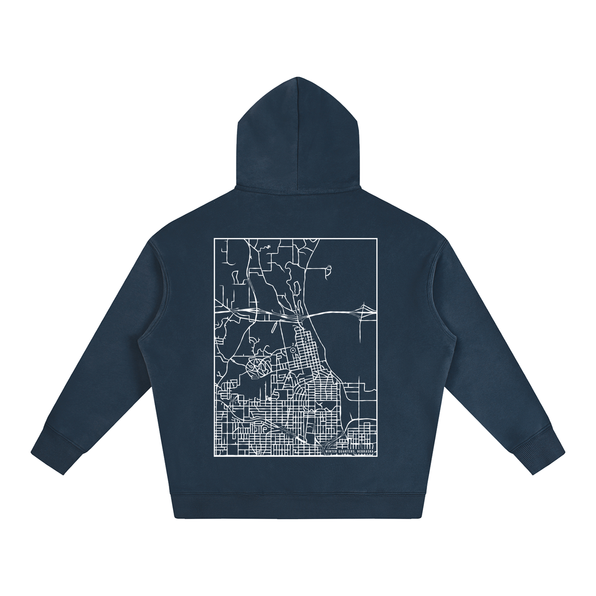 Winter Quarters map hoodie, back print - Navy Blue