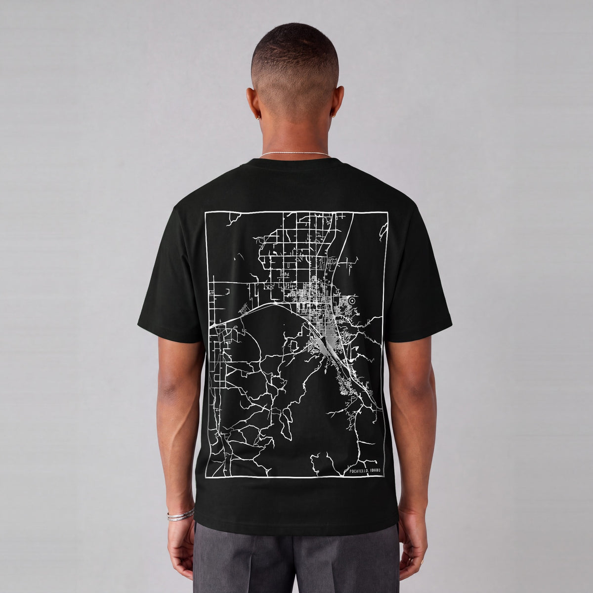 Pocatello map tee, back print on model - Black