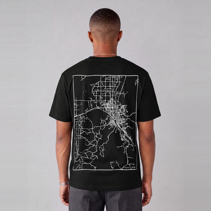 Pocatello map tee, back print on model - Black