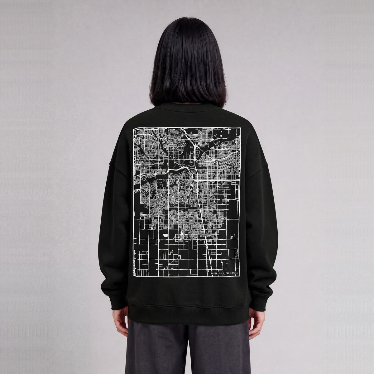 Bakersfield map sweatshirt, back print on model - Black