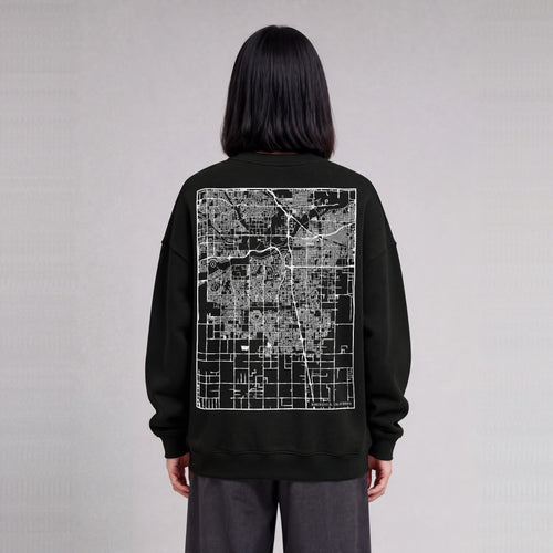 Bakersfield map sweatshirt, back print on model - Black