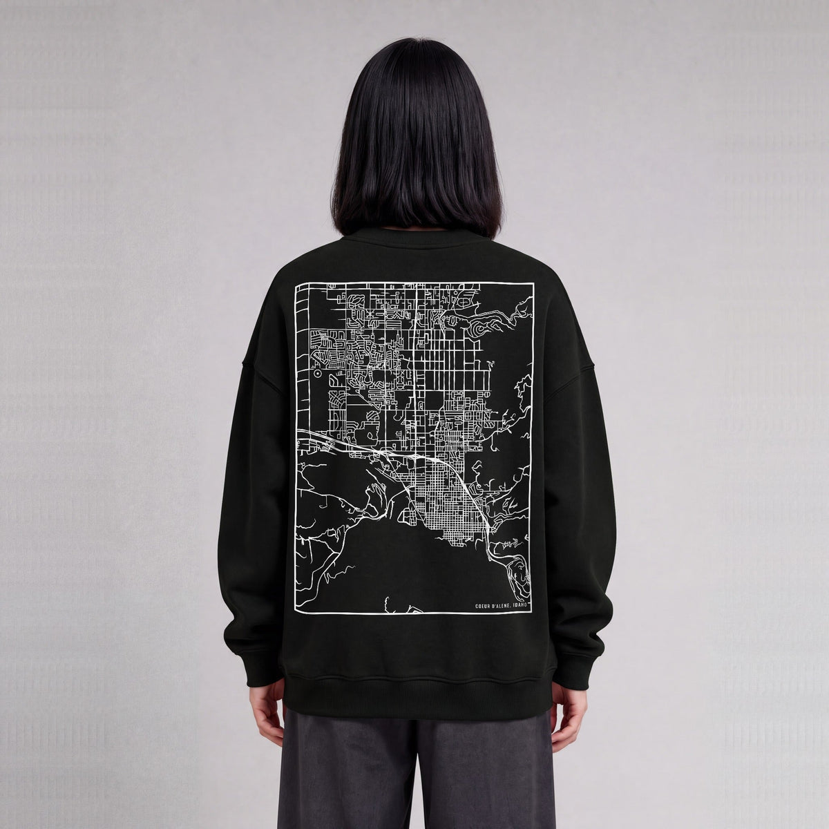 Coeur d'Alene map sweatshirt, back print on model - Black