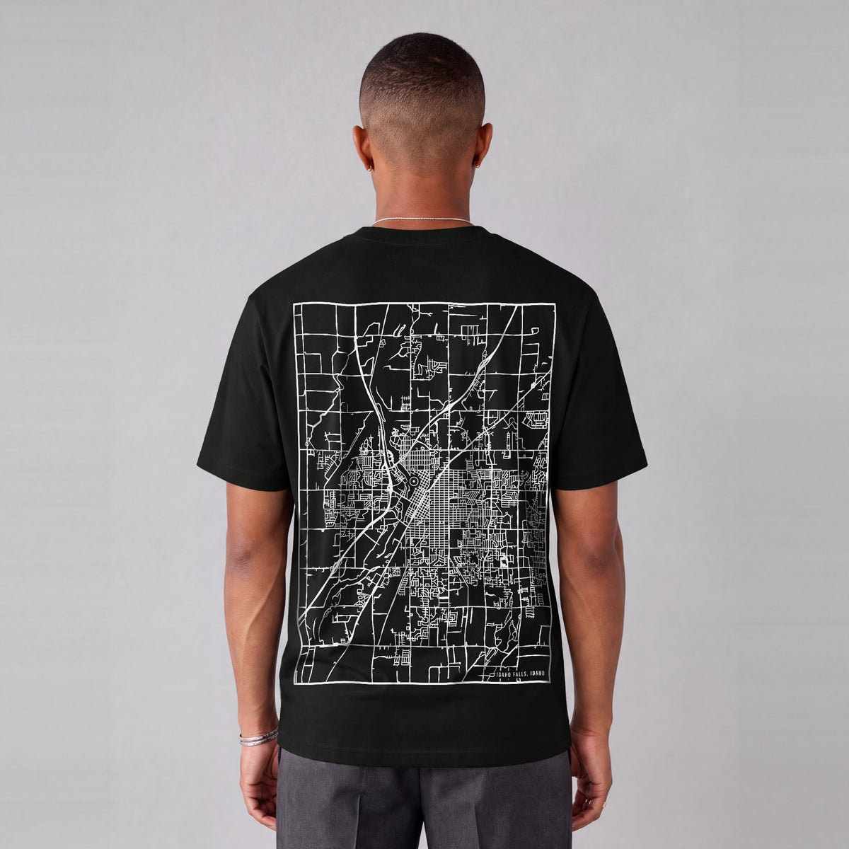 Idaho Falls map tee, back print on model - Black