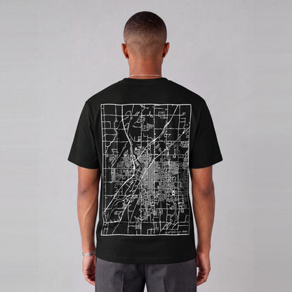 Idaho Falls map tee, back print on model - Black