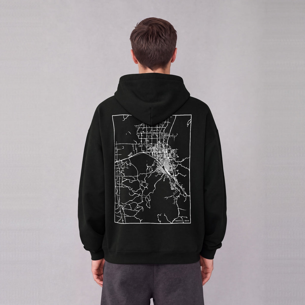 Pocatello map hoodie, back print on model - Black