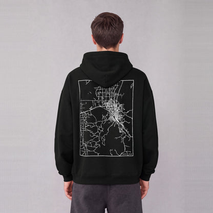 Pocatello map hoodie, back print on model - Black