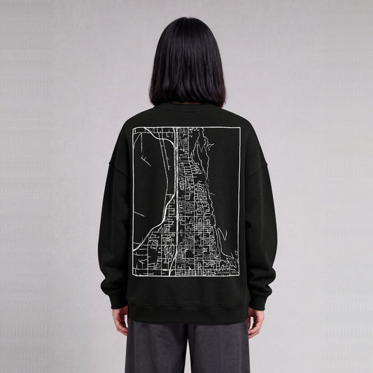 Centerville map sweatshirt, back print on model - Black