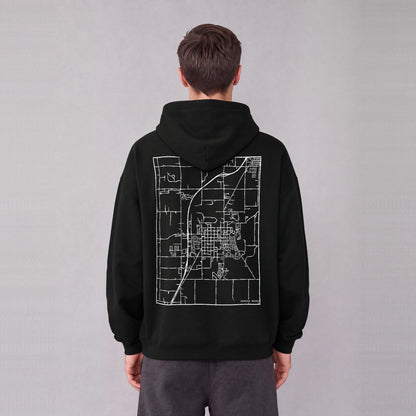 Rexburg map hoodie, back print on model - Black