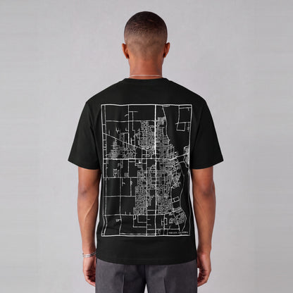 Yuba City map tee, back print on model - Black
