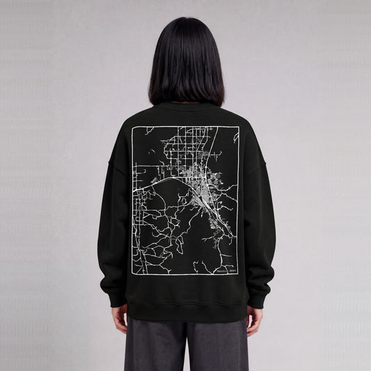 Pocatello map sweatshirt, back print on model - Black
