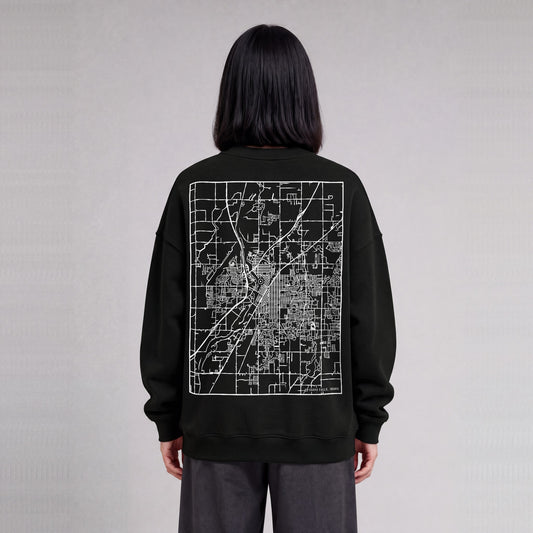 Idaho Falls map sweatshirt, back print on model - Black