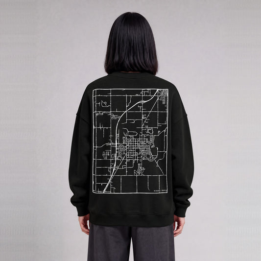 Rexburg map sweatshirt, back print on model - Black