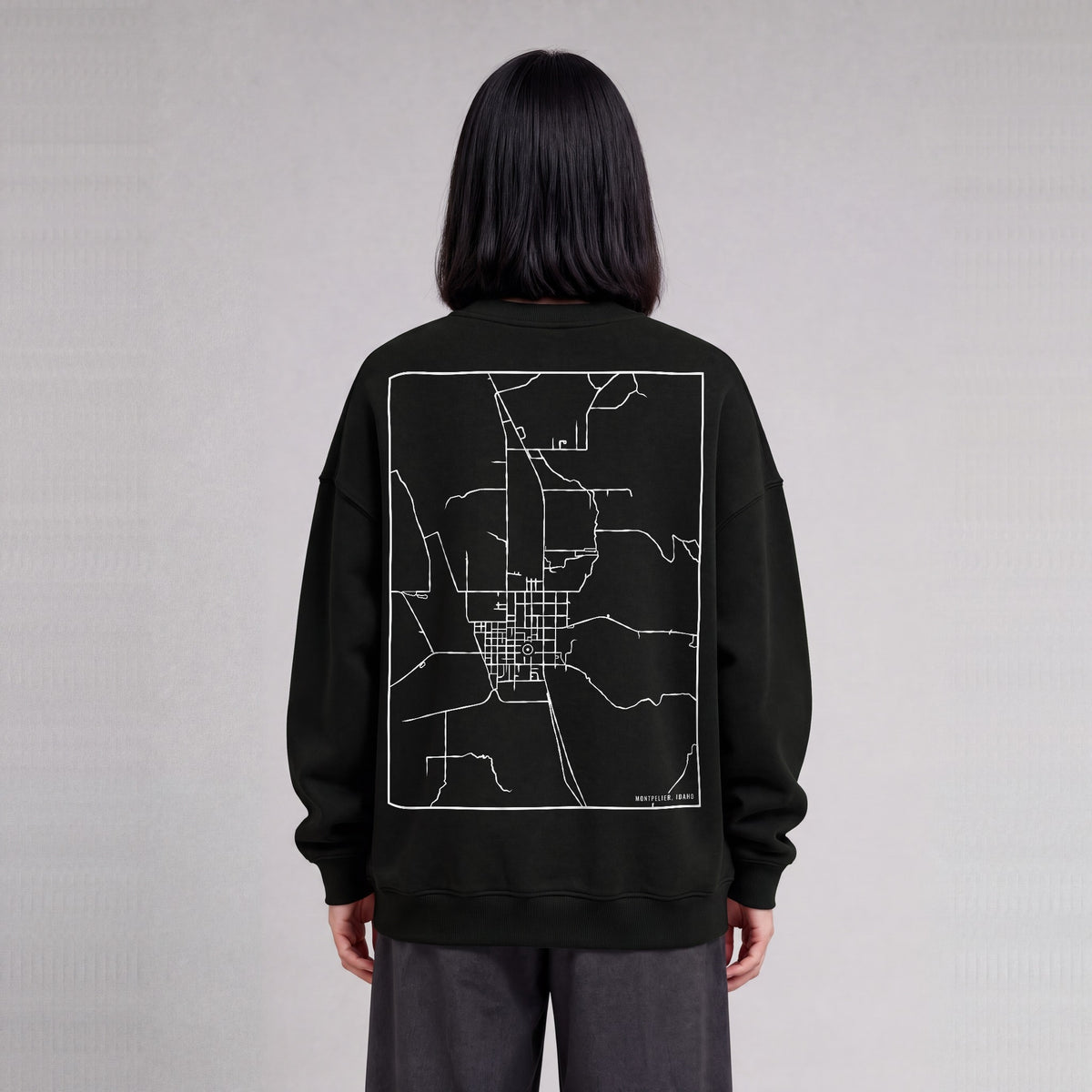 Montpelier map sweatshirt, back print on model - Black