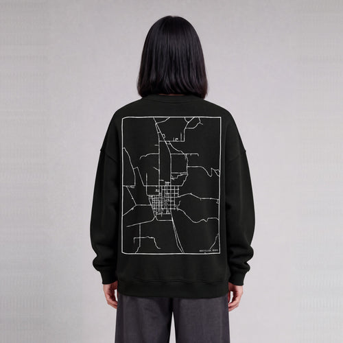 Montpelier map sweatshirt, back print on model - Black