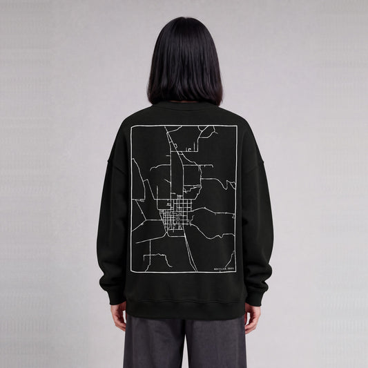 Montpelier map sweatshirt, back print on model - Black