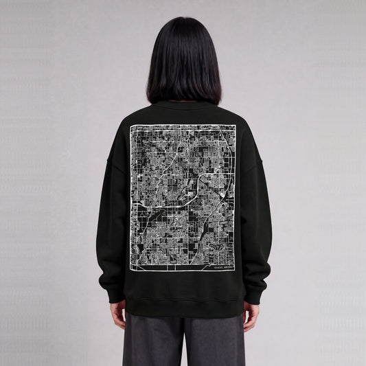 Gilbert map sweatshirt, back print on model - Black