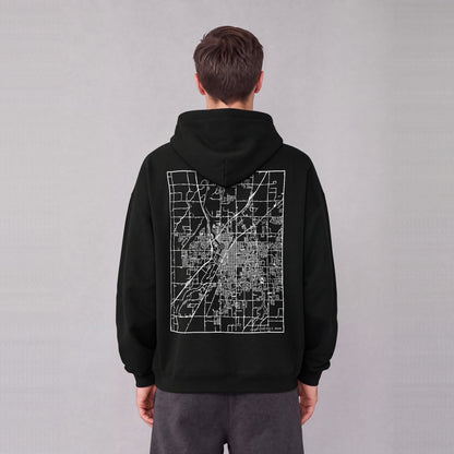 Idaho Falls map hoodie, back print on model - Black
